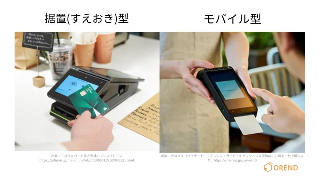 キャッシュレス決済端末の設置方法(据え置き型とモバイル型)の違いのイメージ