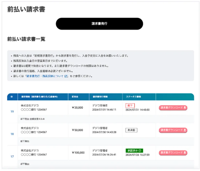 デジコ　入金、過去データ確認画面