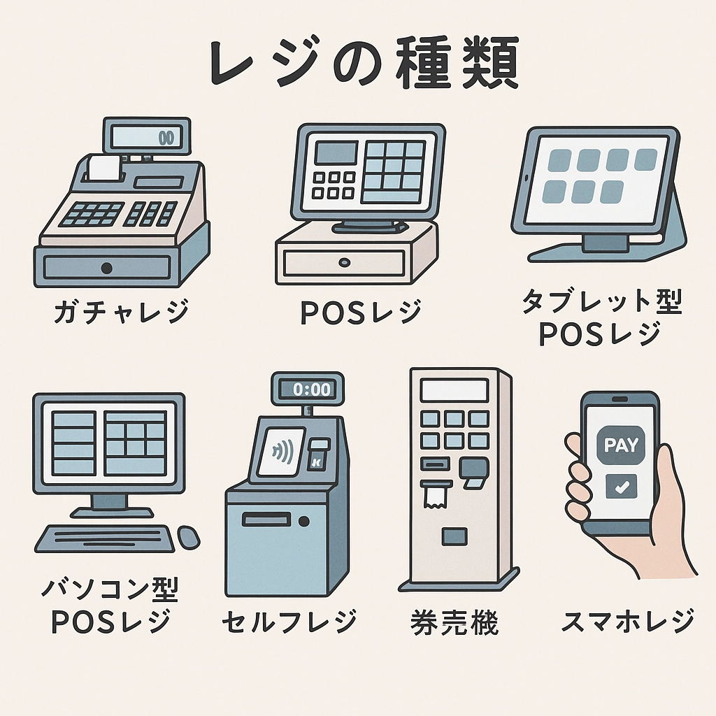 レジの種類を説明するイラスト。ガチャレジ、POSレジ、タブレット型POSレジ、パソコン型POSレジ、セルフレジ、券売機、スマホレジの7種類がそれぞれアイコン風に描かれている。
