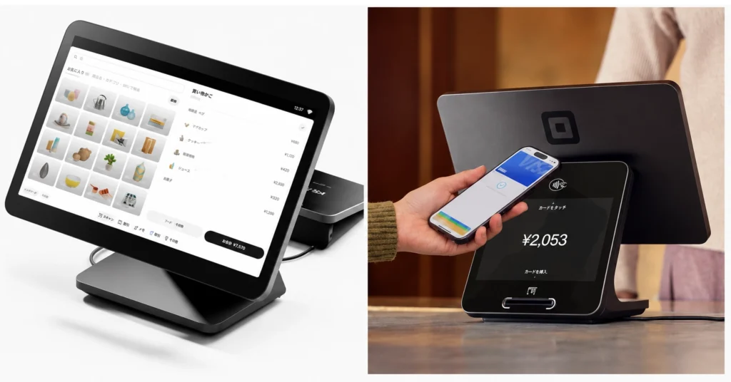 Squareレジスターの利用イメージ。商品選択や注文管理を行うスタッフ用画面と、顧客がスマートフォンでタッチ決済する様子を並べた画像。