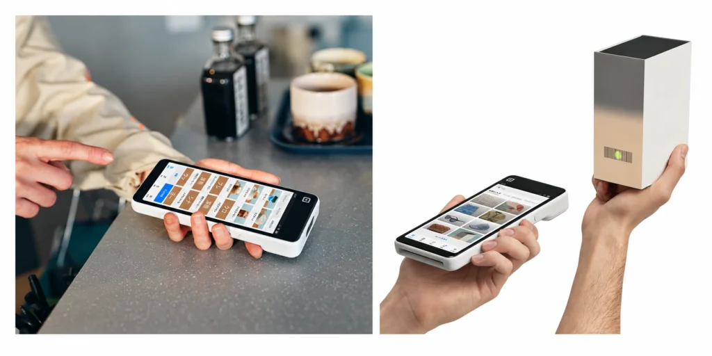 Squareハンディの利用イメージ。飲食店での注文入力と、小売店での商品バーコード読み取りの様子を並べた画像。