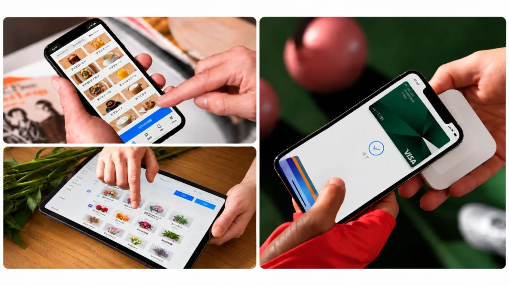 Squareリーダーの利用イメージ。スマートフォンとタブレットでの商品選択・会計操作、Squareリーダーを使ったクレジットカードのタッチ決済の様子を並べた画像。