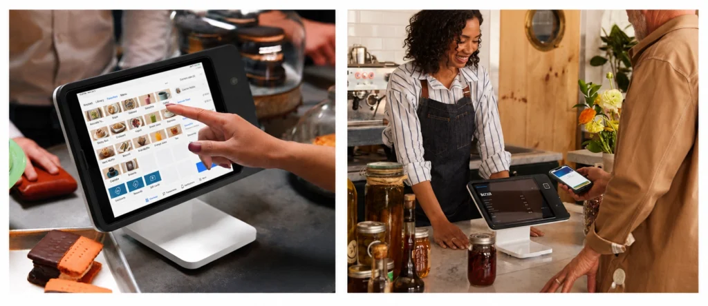 Squareスタンドの利用イメージ。飲食店での注文入力と、店舗のレジカウンターで顧客がスマートフォン決済を行う様子を並べた画像。
