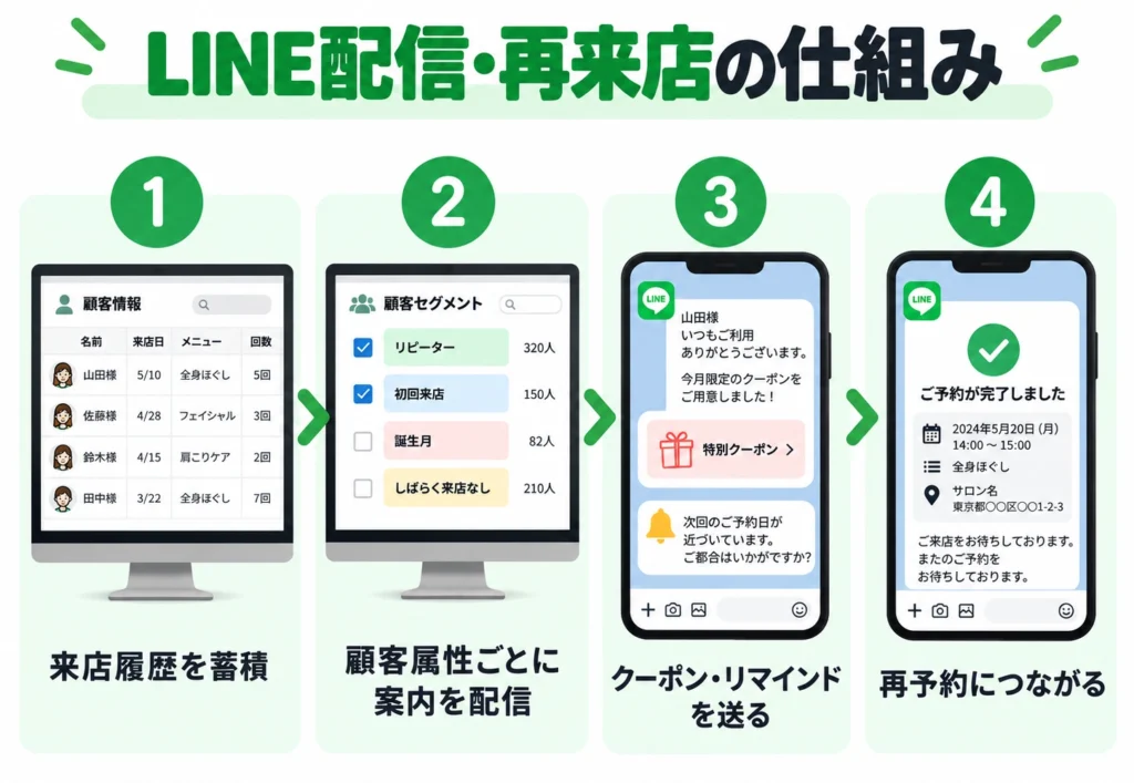 LINE予約システムで予約情報や来店履歴をもとにクーポンや案内をLINE配信し再予約や再来店につなげる流れ